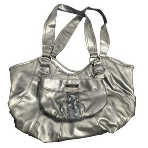 Rosetti Metallic Silver Faux Leather Shoulder Bag Purse with Sequin Pocket